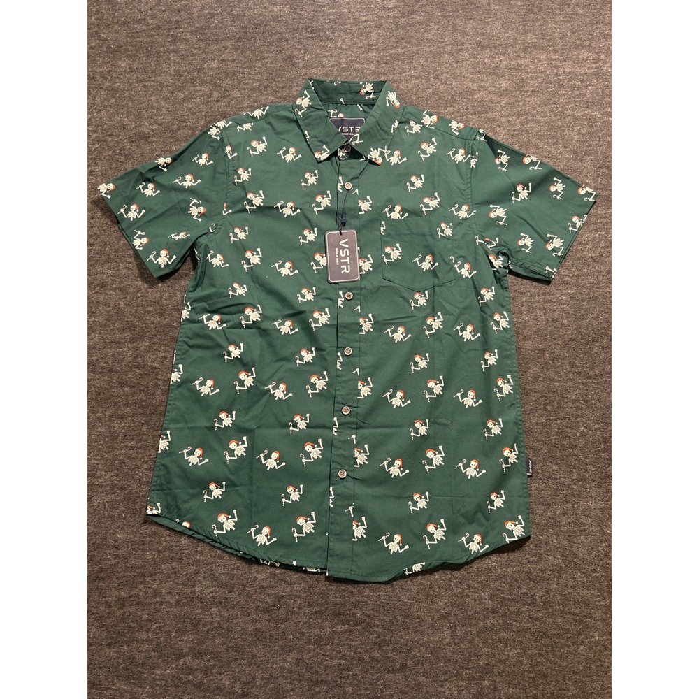 VSTR Button Down Shirt Mens Small Green New Skeleton Santa Holiday Short Sleeve